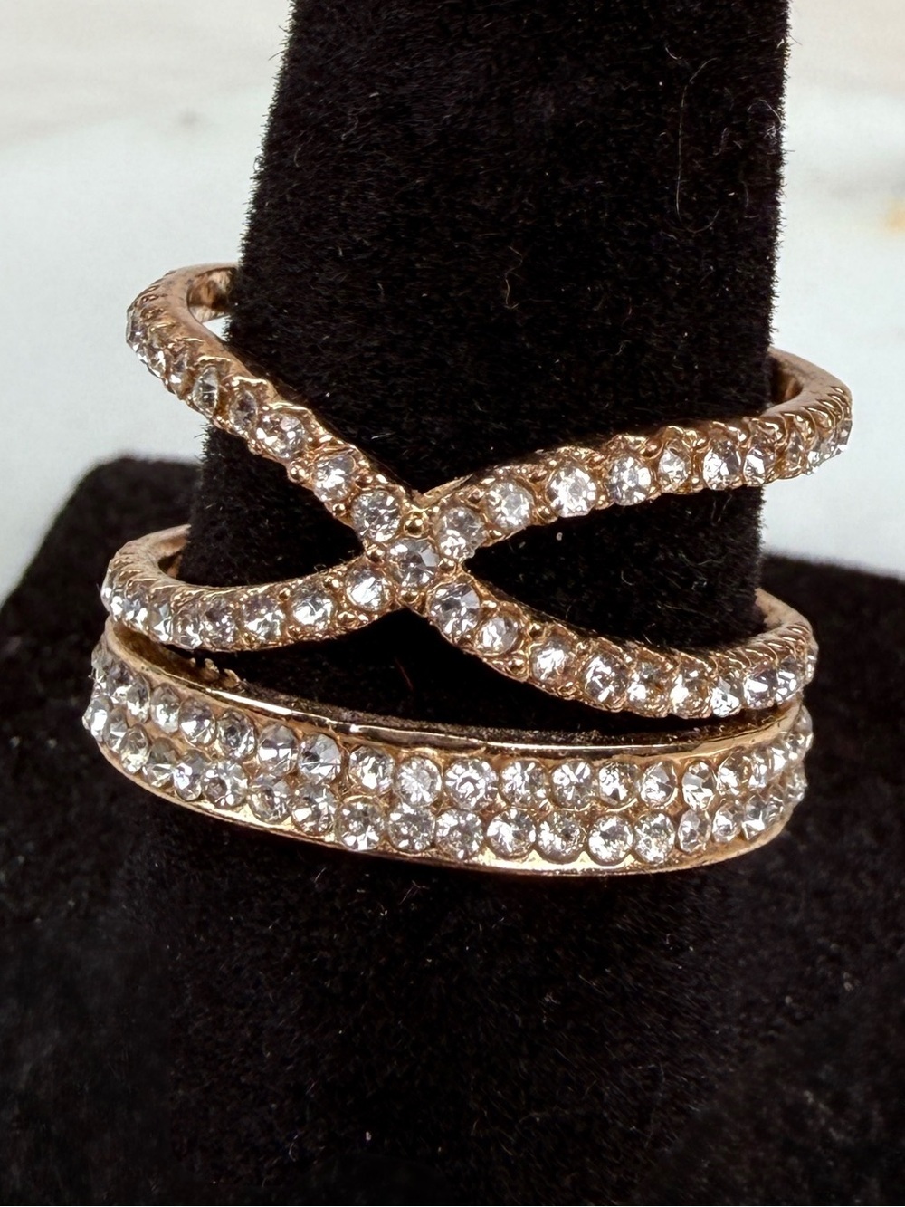 Vintage Crystal Pave Crossover Ring in Rose Goldtone sz 6.5
